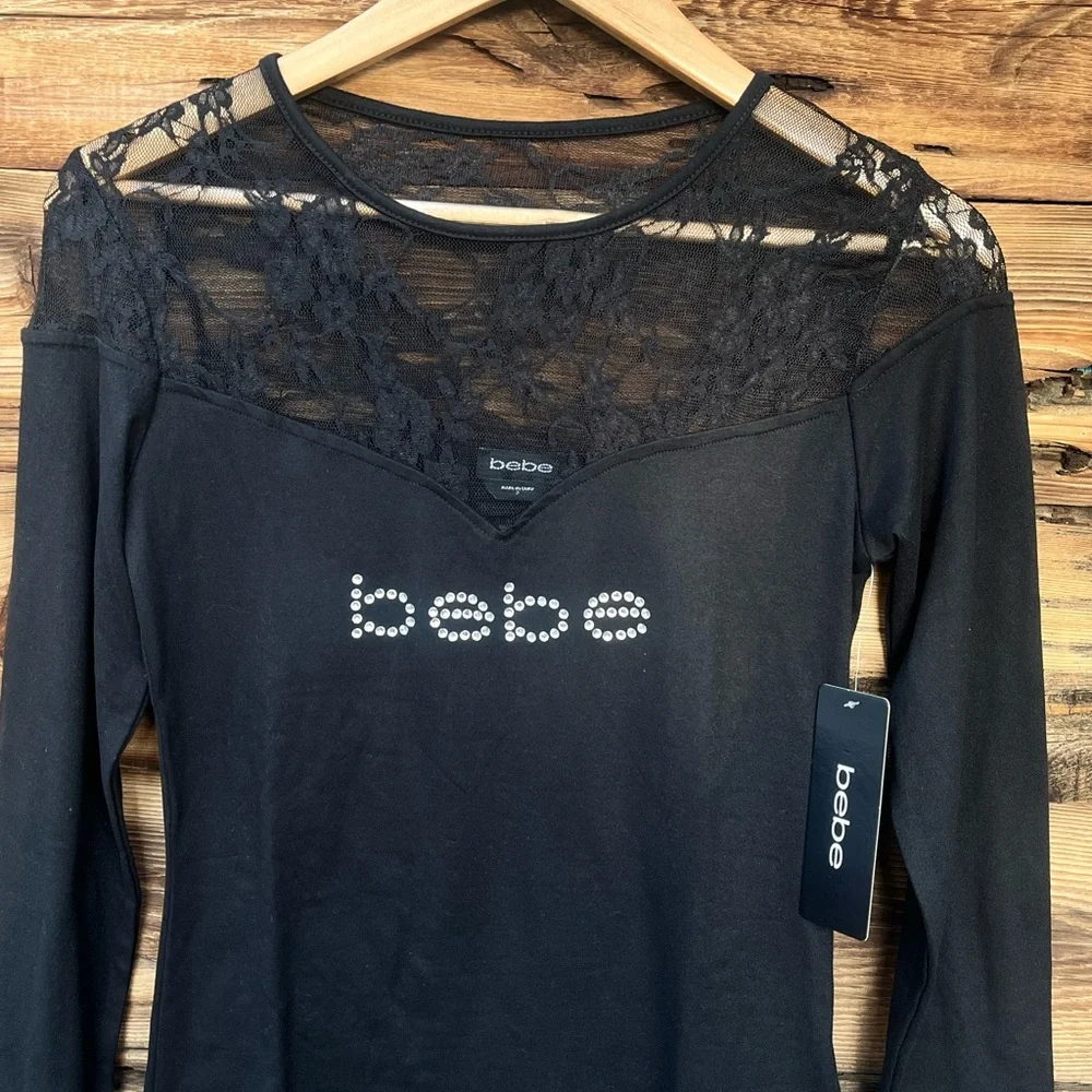 BEBE | NWT Y2K Black Long Sleeve Top with Lace Accents S